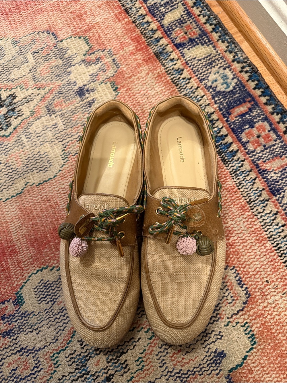 Larroude Beige Canvas and Brown Leather Loafers with Pink Pom Accents